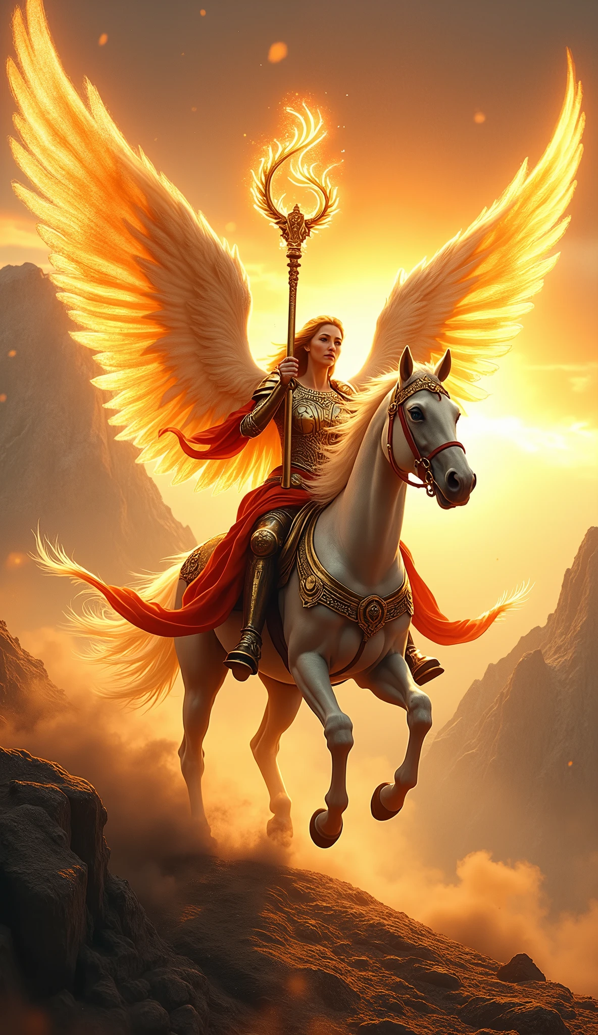 Design a hyper-realistic and striking image for the Knight of Staffs in the Lumen Angelis Tarot deck. The scene features a powerful angelic warrior, the Knight of Staffs, in full motion, riding a majestic, ethereal horse. The horse is mid-gallop, its hooves barely touching the ground, as if it’s flying just above the earth. Both the knight and the horse are bathed in a dynamic golden light, radiating energy and determination.

The knight holds a glowing staff of light firmly in one hand, raised high as a symbol of power and purpose. The staff is intricately designed, with spiraling patterns of energy swirling around it, and at its tip, a brilliant orb of light pulses with raw potential. The knight’s armor is a mix of celestial metal and flowing fabric, shining with hues of gold, red, and orange, symbolizing the fire and passion of their mission. The angel’s wings are fully extended, massive and awe-inspiring, with feathers that catch the light in a way that makes them seem almost ablaze.

The knight’s face is set in a determined expression, eyes focused on the path ahead, representing courage, action, and the willingness to face challenges head-on. The landscape around them is dramatic and windswept, with mountains in the background and a trail of light left in their wake, indicating the speed and intensity of their journey. The sky above is a vibrant blend of oranges and reds, reflecting the fiery energy of the knight.

The image should capture the essence of motion, power, and fearless pursuit, making the Knight of Staffs a symbol of unstoppable energy and the drive to achieve one’s goals. This card should reflect the traditional symbolism of the Rider-Waite Knight of Wands, while being enhanced by the divine and luminous qualities unique to the Lumen Angelis deck.