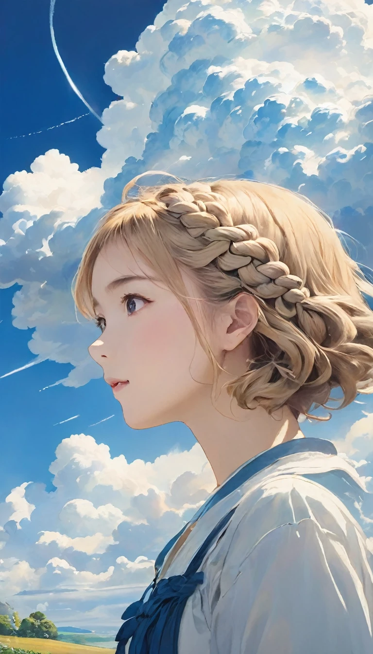 masterpiece、Highest quality、1.woman、20-year-old、Braided Hair、((short hair))、Surrealism、Looking up at the sky、cumulonimbus。