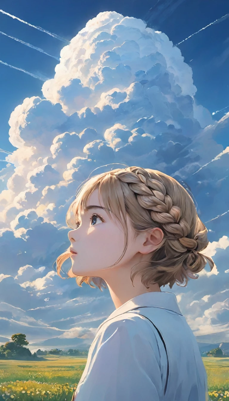 masterpiece、Highest quality、1.woman、20-year-old、Braided Hair、((short hair))、Surrealism、Looking up at the sky、cumulonimbus。