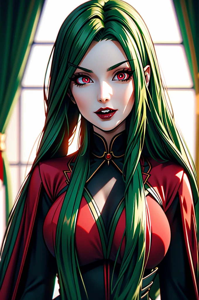 best quality, masterpiece, colorful, dynamic angle, most detailed)long green hair, goth, big red demon eyes, very long vampire fangs, 3/4 profile