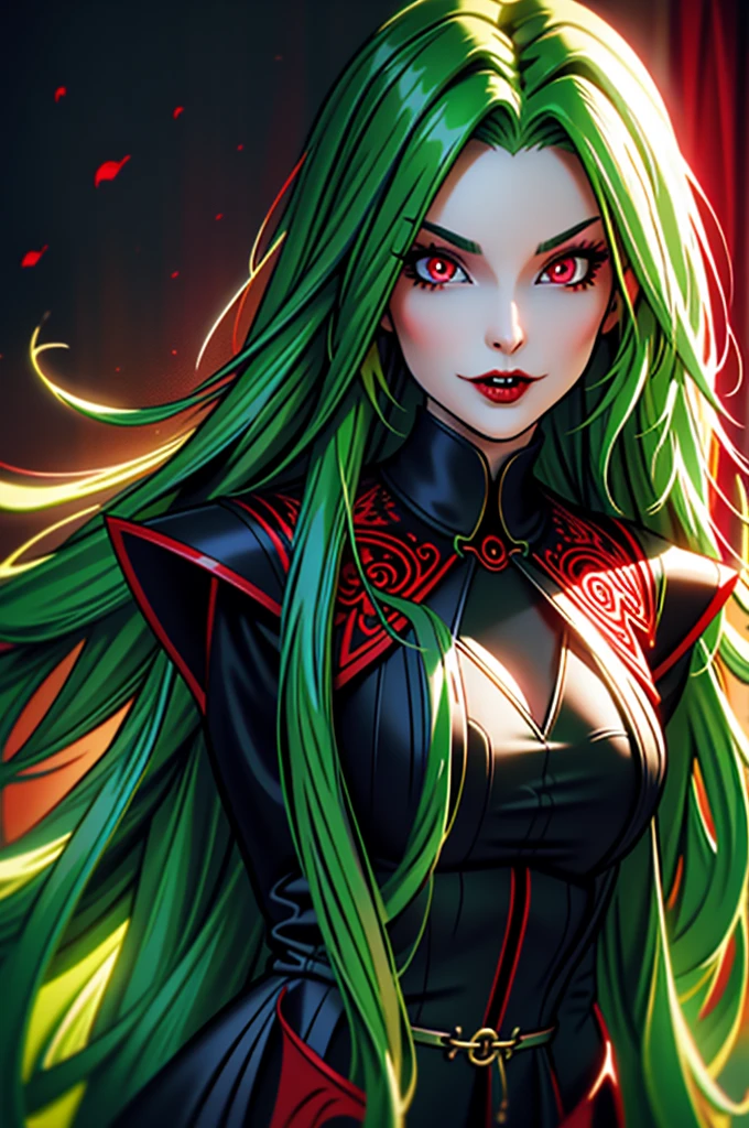 best quality, masterpiece, colorful, dynamic angle, most detailed)long green hair, goth, big red demon eyes, very long vampire fangs, 3/4 profile