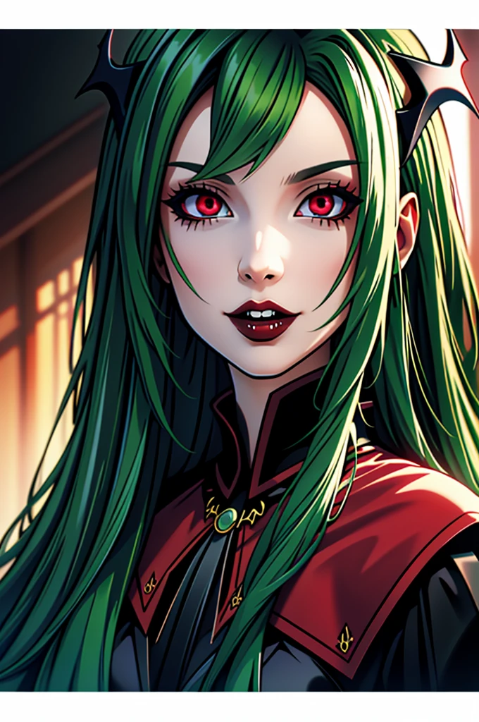 best quality, masterpiece, colorful, dynamic angle, most detailed)long green hair, goth, big red demon eyes, very long vampire fangs, 3/4 profile