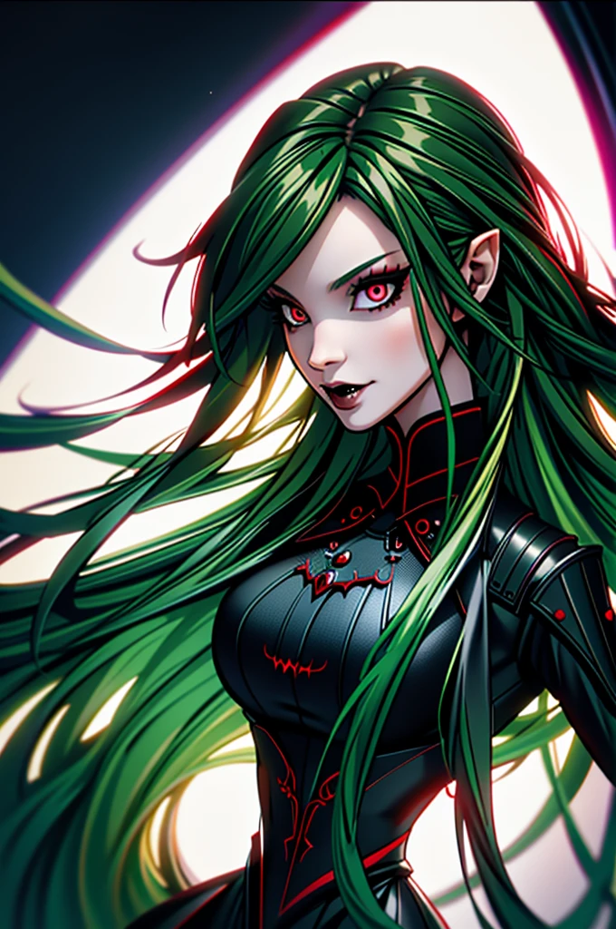 best quality, masterpiece, colorful, dynamic angle, most detailed)long green hair, goth, big red demon eyes, very long vampire fangs, 3/4 profile