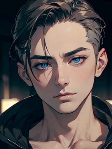 a man, close-up portrait, asian man, pale skin, 34 years, blue eyes, half-closed eyes, small eyes, elegant, gray brown hair slicked back, black hoodie, (best quality,4k,8k,highres,masterpiece:1.2),ultra-detailed,(realistic,photorealistic,photo-realistic:1.37),cinematic lighting,dramatic chiaroscuro,moody