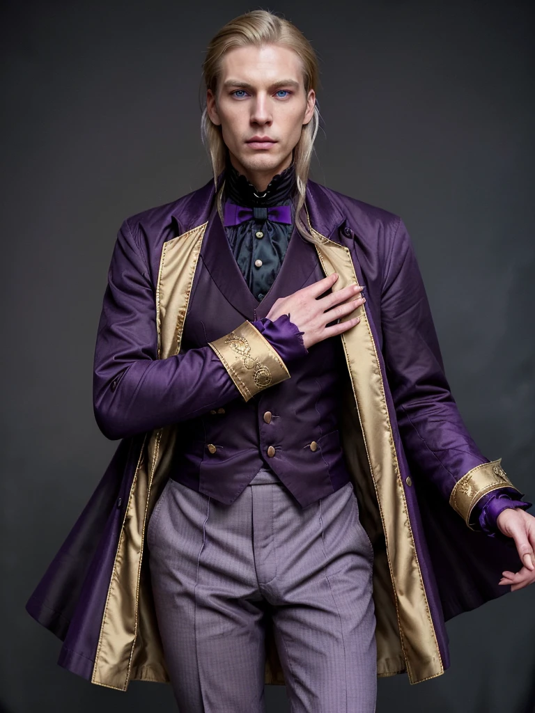 Pale and tall man, Appears to be 30-3. It's been a long time (to the waist) With light blond hair with a golden tint, Thin gray-blue eyes with dark purple eyeshadow and noticeably high cheekbones. His clothes are in Victorian style, old, Long dark burgundy jacket with lavender lining and gold pins on the folded cuffs. Under his jacket he has a purple vest over a white ruffled shirt, Wearing classic purple trousers, In dark blue knee-high boots and gloves of the same color.
