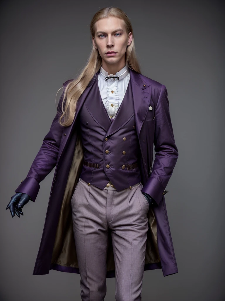 Pale and tall man, Appears to be 30-3. It's been a long time (to the waist) With light blond hair with a golden tint, Thin gray-blue eyes with dark purple eyeshadow and noticeably high cheekbones. His clothes are in Victorian style, old, Long dark burgundy jacket with lavender lining and gold pins on the folded cuffs. Under his jacket he has a purple vest over a white ruffled shirt, Wearing classic purple trousers, In dark blue knee-high boots and gloves of the same color.
