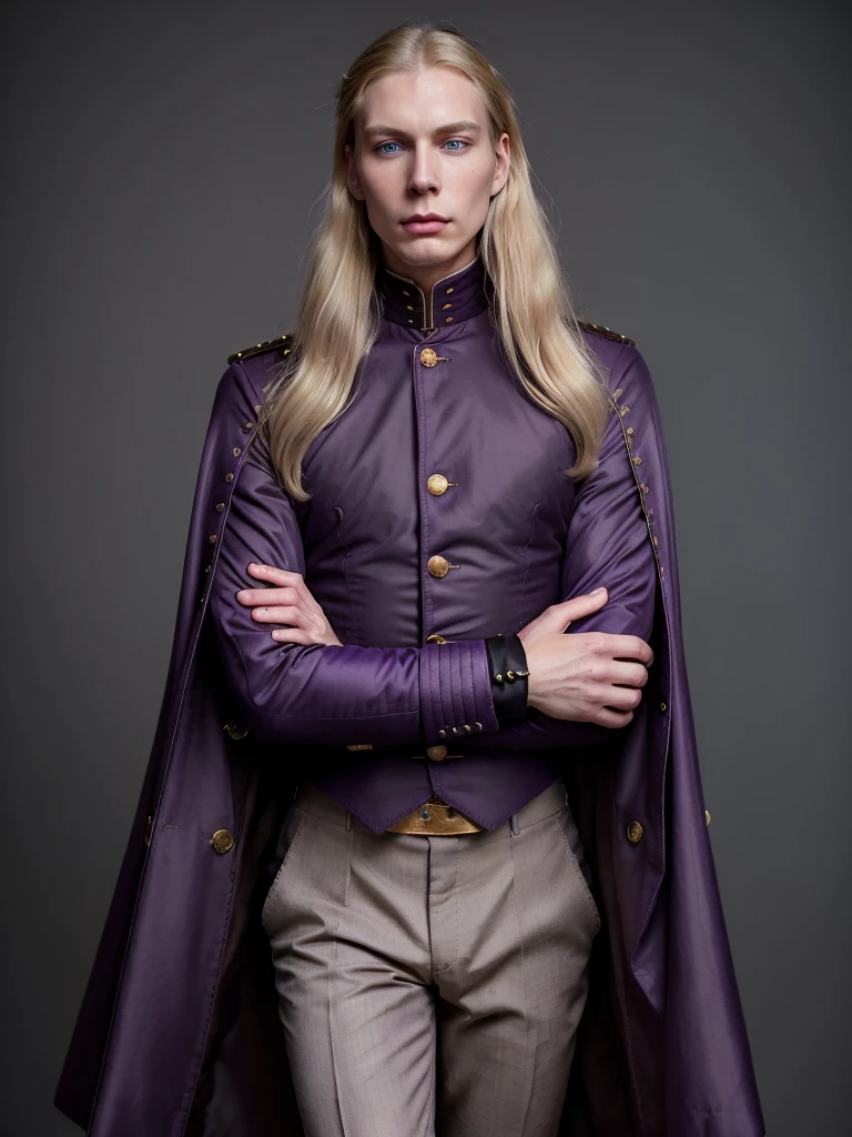 Pale and tall man, Appears to be 30-3. It's been a long time (to the waist) With light blond hair with a golden tint, Thin gray-blue eyes with dark purple eyeshadow and noticeably high cheekbones. His clothes are in Victorian style, old, Long dark burgundy jacket with lavender lining and gold pins on the folded cuffs. Under his jacket he has a purple vest over a white ruffled shirt, Wearing classic purple trousers, In dark blue knee-high boots and gloves of the same color.
