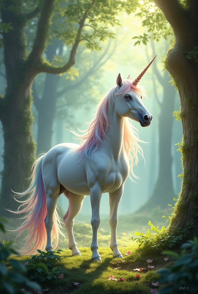 make a white unicorn with colorful hair and tail in a forest
