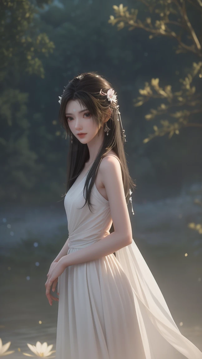 1girl, girl with long black hair, smiling, cheerful, the girl wearing white long dress, girl is standing among a wide expanse of flowers,girl posing gracefully , surrounded by beautiful flowers, Calm and peaceful atmosphere, night, moonlight , Beautiful glowing butterflies surround the girl lighting up the darkness of the night, magic,Romantic, the night breeze blows the Sepoi Sepoi girl's hair, 