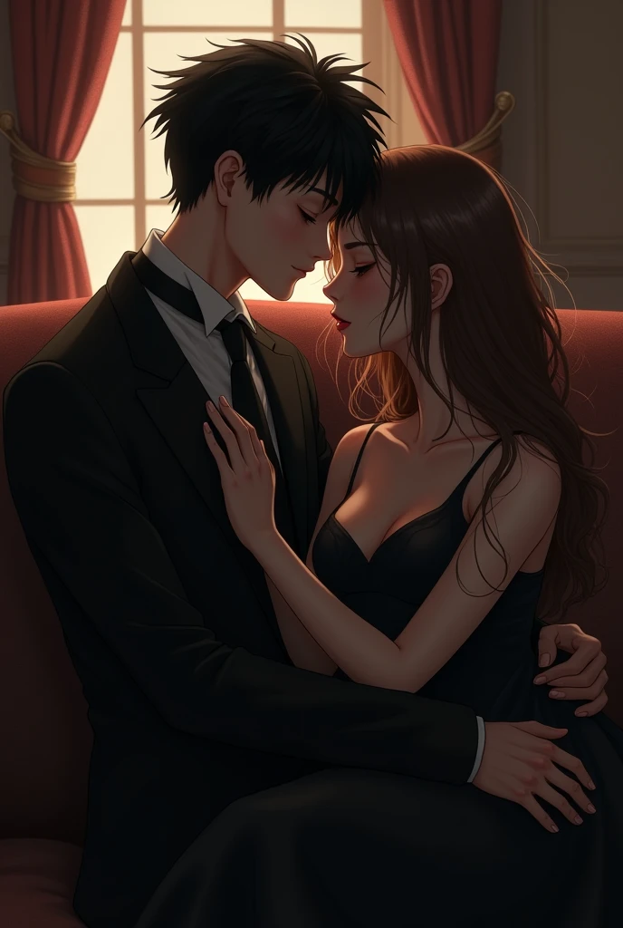 Black haired boy in spikes wearing a black suit sitting with a brown haired girl sitting on his lap