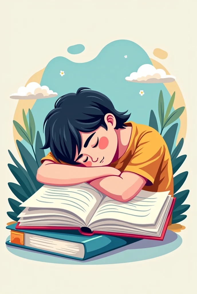 I am looking for an illustration of a student resting in the following style: drawing style: Modern and vector, with smooth, clean lines, and vibrant colors. Cartoonish but realistic. Color: Using a palette of bright and contrasting colors that are pleasant and eye-catching. FORMAT: Illustrations arranged in a book or manual style. This illustration is intended for a guidance and training manual, so it must be clear, accessible and visually appealing."