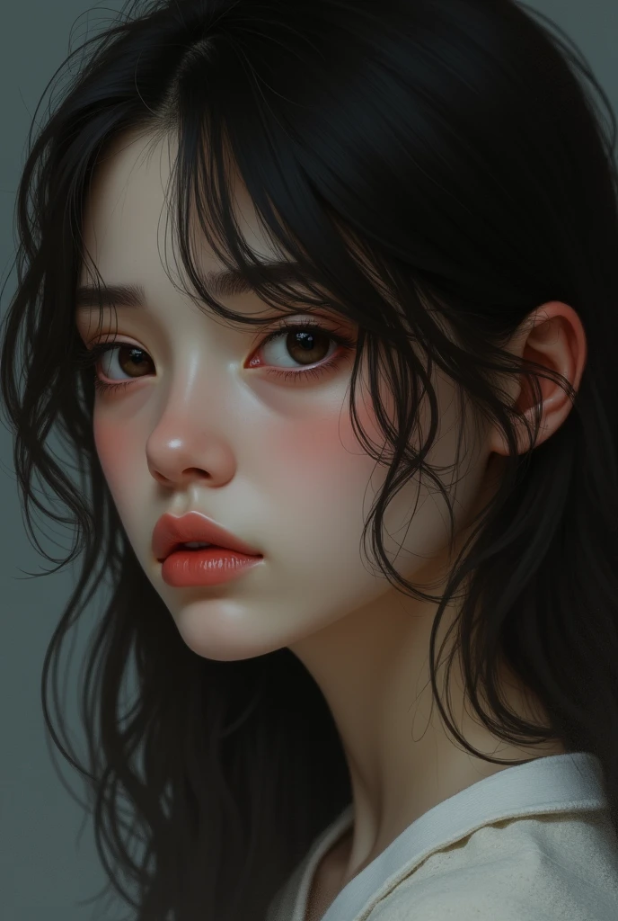 Teenager woman dark brown hair mole above lip sad