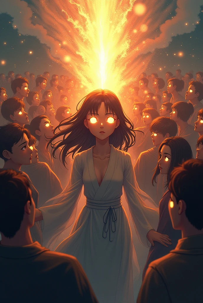 The awakening crowd,His eyes are shining,Light is shining from the eyes,Japanese style anime woman