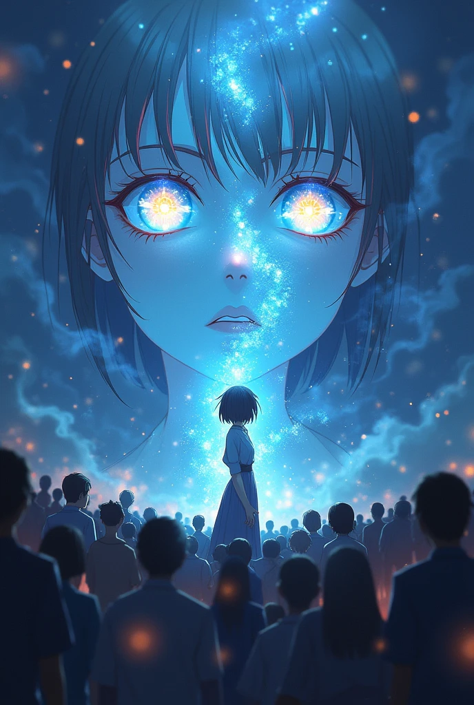 The awakening crowd,His eyes are shining,Light is shining from the eyes,Japanese style anime woman