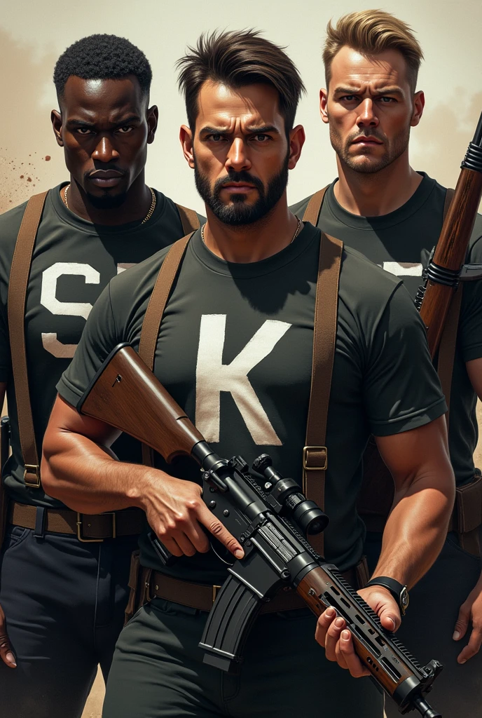 Three men, one dark-skinned and two skin-colored, with weapons and on their shirts the letter (s) the other la letra (k) y the other (D) dos hombres son de color piel blanca y the other es moreno uno con la letras (s) the other (k) y the other (D)