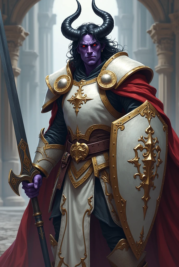 a young Tiefling Paladin male dark purple skin, red eyes, dark hair, white Holly armor, whith horns, with a shield and a sword