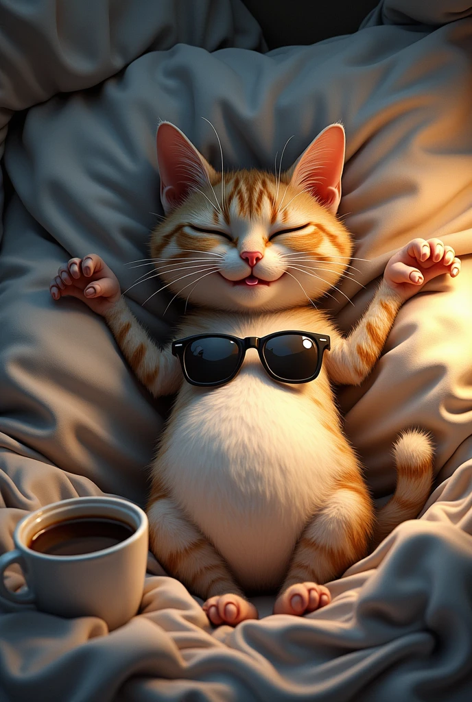 "Create a hilarious image of a skinny, ugly cat sleeping soundly in a completely disorganized bed, with crumpled pillows and tangled blankets. The cat should have an expression of complete relaxation, with its tongue out and one of its paws hanging off the bed Add a pair of sunglasses resting on your belly and a spilled cup of coffee next to it, as if you've had a night of partying! !"