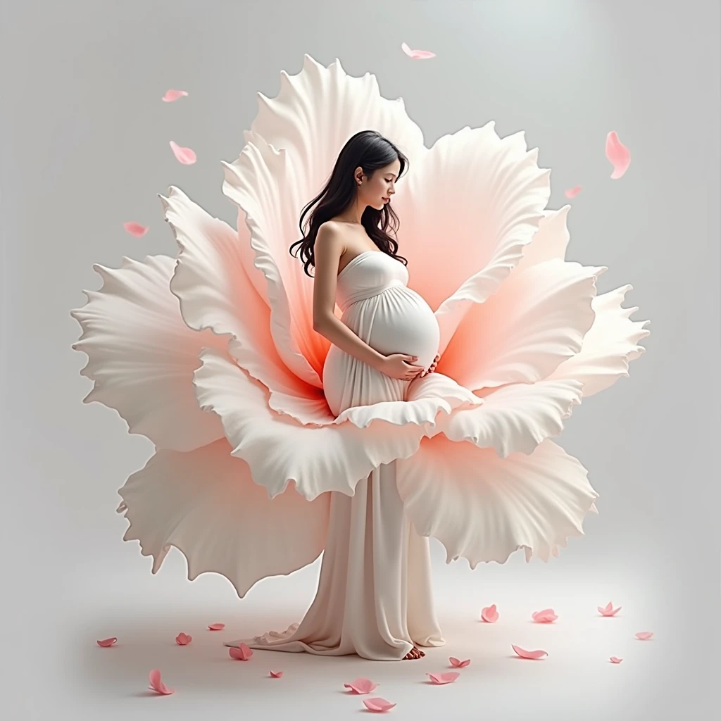 pregnant woman very big flower in background model marge with background some flower leaf comming on model , leaf flowting in air , white background, flower should be red , red flower , girl marge in background with flower pregnant woam covoer with flower , very beautful effect like a dreamy 