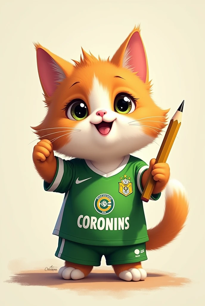 A cute cat wearing a Corinthians shirt is happy with a pencil in his hand