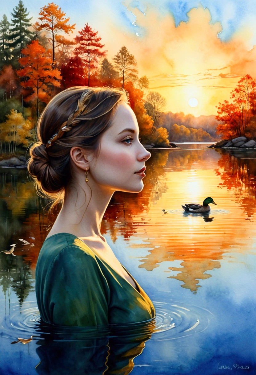 A detailed and artistic depiction of a beautiful female profile with a perfect face. The woman is the owner of a mature, elegant and dignified charm. Inside the silhouette of the woman is a double exposure of a captivating scene of sunset or sunrise over a calm blue lake. The sky is painted in shades of orange, yellow and red, and the silhouettes of green trees are reflected in the water. There are also two ducks swimming in the lake. The entire composition is against a background of watercolor stains in shades of white, blue and gold, giving the work a vivid and dynamic feel., Vividness, Painting,