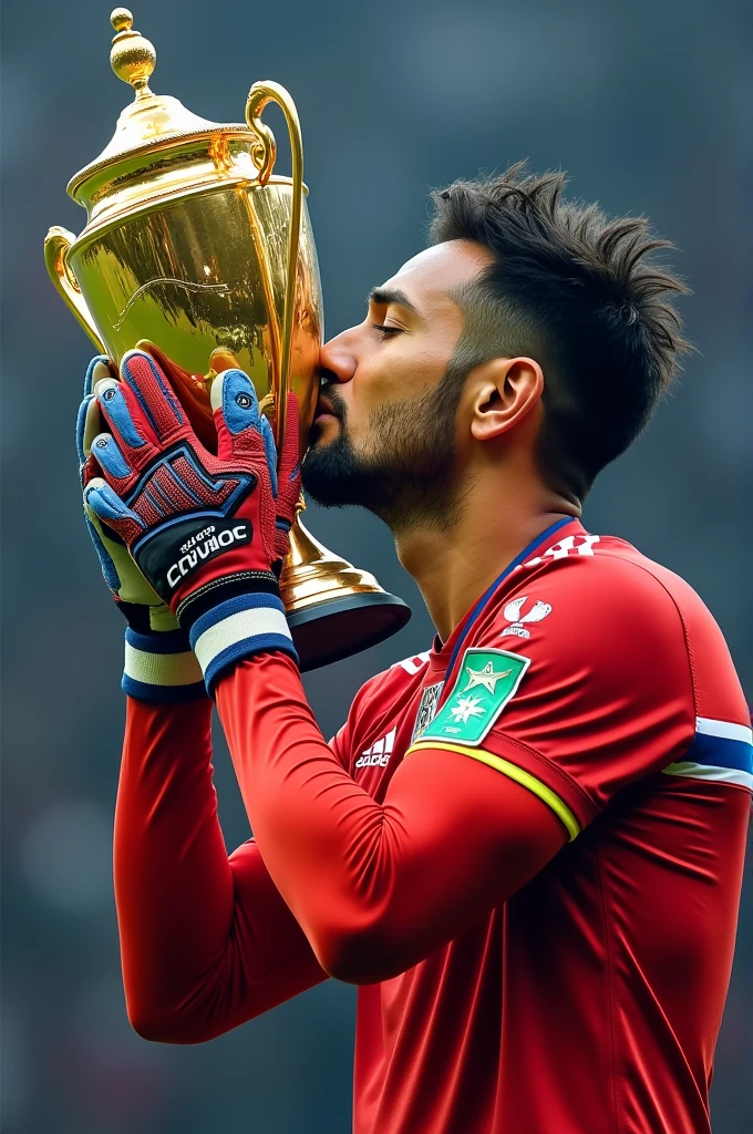 Chivas de Guadalajara player El Fofó bautista kissing the MX Cup with a red and a blue glove and the goalkeeper suit of the Chivas de Guadalajara, and in the background of the image a photo of the team symbol