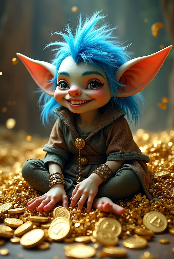 a goblin with blue hair wearing arc as flèche assis sur un tas d’or