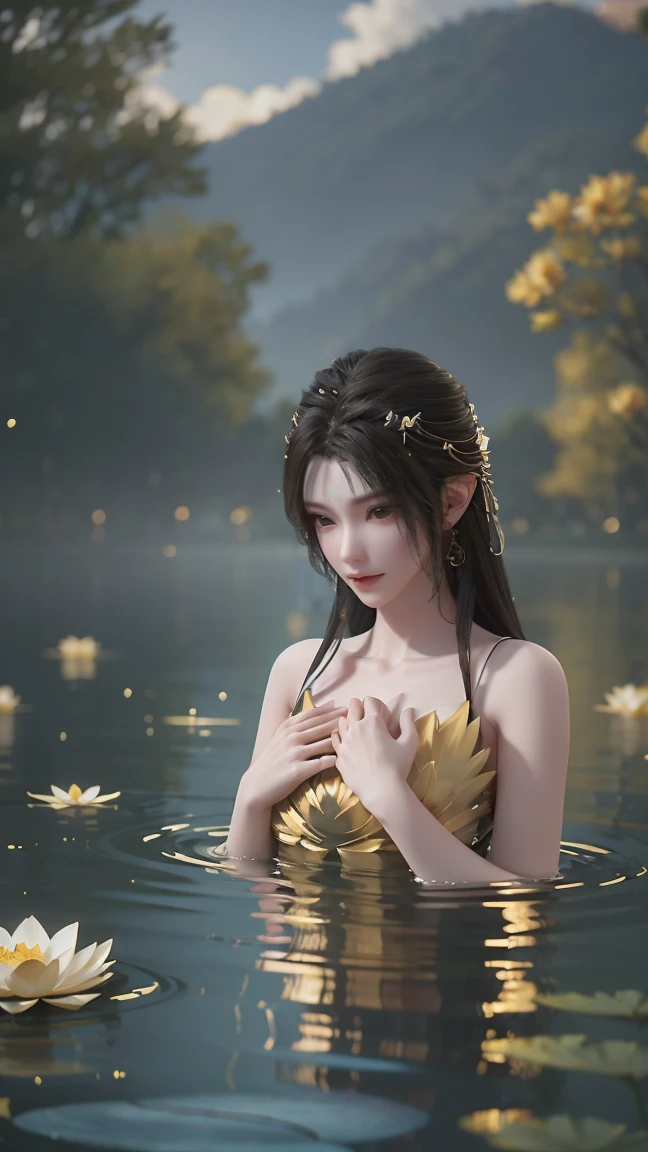 a beautiful young woman bathing in a serene lake, water up to her shoulders, her hands covering her chest, golden glowing lotus flowers floating on the surface, soft lighting, intimate and sensual mood, highly detailed, cinematic composition, realistic, photorealistic