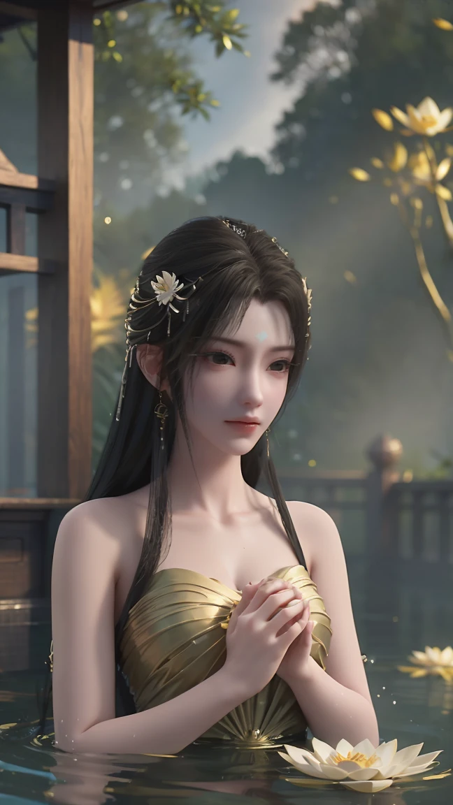 a beautiful young woman bathing in a serene lake, water up to her shoulders, her hands covering her chest, golden glowing lotus flowers floating on the surface, soft lighting, intimate and sensual mood, highly detailed, cinematic composition, realistic, photorealistic