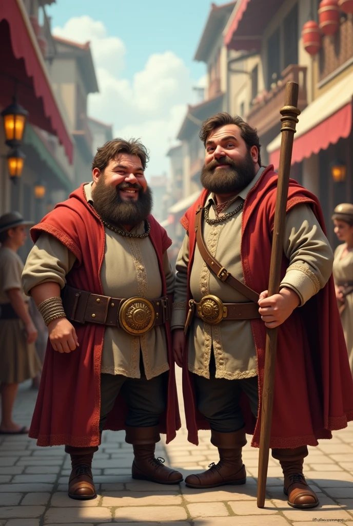 2 human, chubby, brown skin. Brown hair, short beard and mustache. He is dressed as a salesman from the Middle Ages and has a club as a weapon.