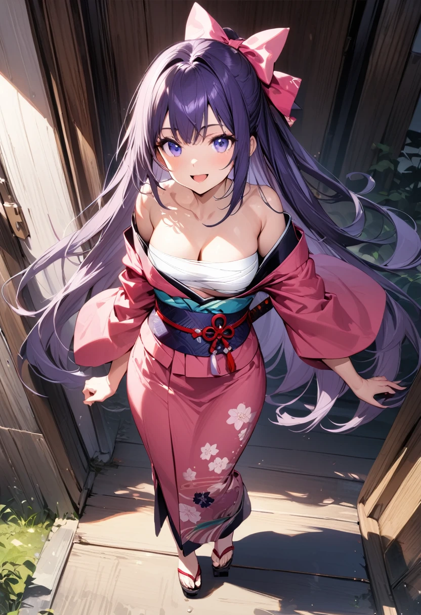 (masterpiece),(best quality),(ultra-detailed),(best illustration),(best shadow),(absurdres),(detailed background),(very aesthetic), 1girl, solo, japanese-clothes, sarashi, full-body, bow, kimono, purple-hair, hair-bow, simple-background, sandals, looking-at-viewer, sheath, pink-bow, purple-eyes, sheathed, pink-kimono, standing, blue-eyes, smile, geta, floral-print, open-mouth, ribbon, wide-sleeves, very-long-hair
