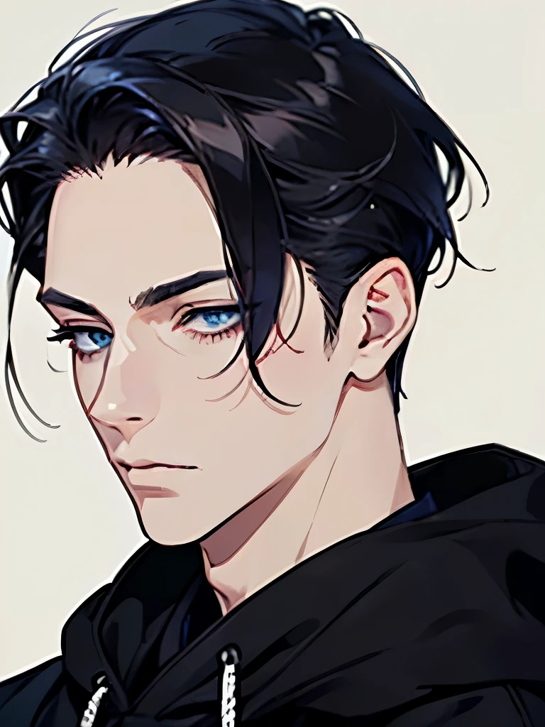 1 male mature, A man, simple, 32 years, eye contact, face close-up, asian eyes, pale skin, black hair, dark blue eyes, half closed eyes, small eyes, elegant, hair slicked back, hoodie. Office Background. CEO.