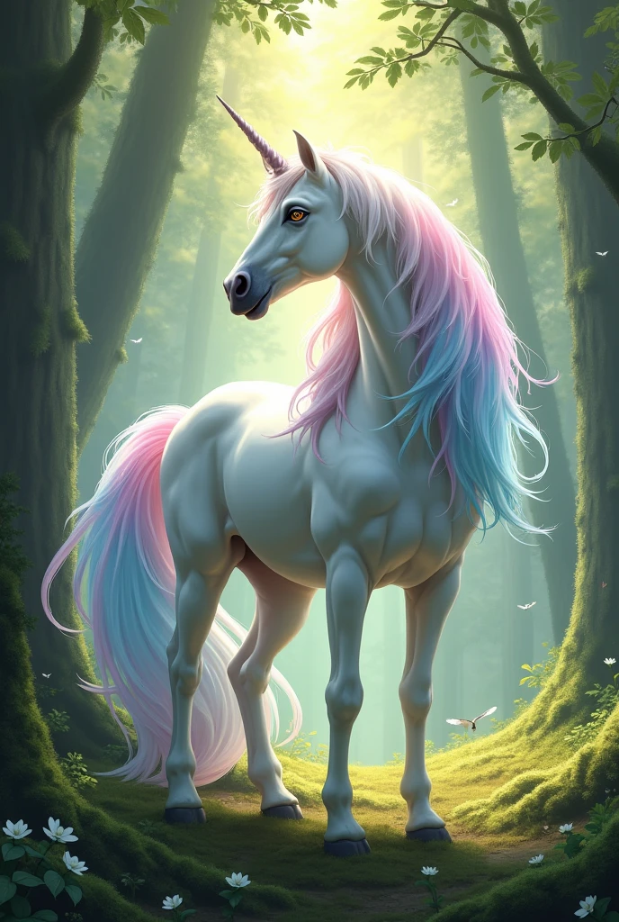 make a white unicorn with colorful hair and tail in a forest
