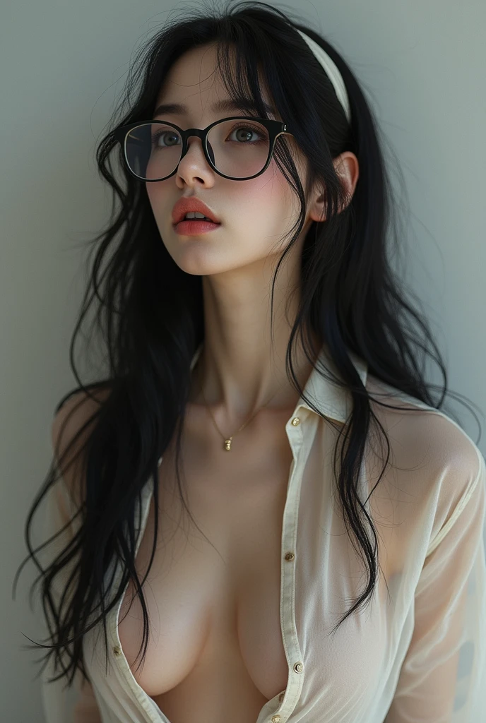 (Ultra detailed skin), pale skin, (super thin hair),(ultra soft hair),(ultra straight hair:1.5),Swept long bangs,black,Hair over one eye,blue eyes, glasses, black, straight and silky defined hair long white t shirt until thighs, mediums breasts (White shirt, naked lower body, torn, mid-chest torn shirt, no underwear, nsfw 