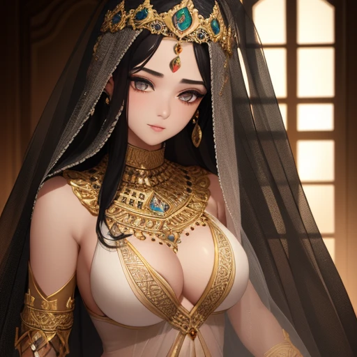beautiful young arabic girl, veil mouth, arabian clothes, detailed eyes, black hair, detailed facial features, realistic, photorealistic, masterpiece, 8k, high quality, cinematic lighting, warm color tones, detailed fabric textures, intricate patterns, dramatic pose, natural setting, lush greenery, glowing skin, piercing eyes, elegant headpiece, shimmering jewelry