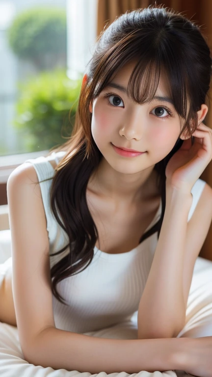 close up to face,8k, RAW photo, best quality, masterpiece, realistic, photo-realistic, clear, professional lighting,best quality,summer,morning,1young girls,japanese  girl,slim body,hairbun with bangs,at hotelroom