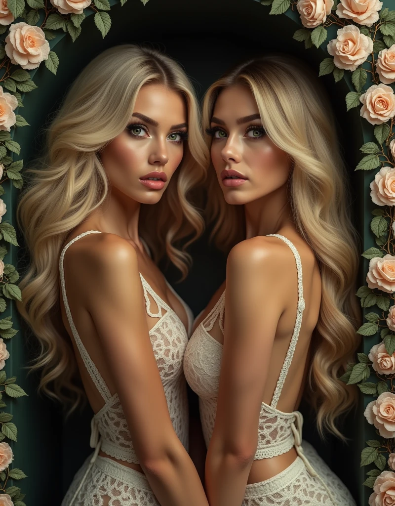 (((best qualityer))), highly detailed, high resolution. 2 female, blondie hair, clear green eyes, fleshy lips, heavy makeupA provocative image of a woman with a sensual look and a daring outfit, surrounded by intricate, floral lace patterns.