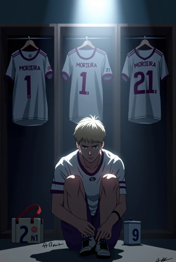 Make an image of ONE player tying his boots alone, with lights completely obscuring his face and him with short, light blonde hair, the locker room is dark and the spotlights are shining on him and the Galados City team, uniform in white and purple colors and I want you to put a shirt behind and on top of it with the number 21 and the name MOREIRA. Make your surroundings completely dark. LEAVE HIM WITH AS MUCH AURA AS POSSIBLE