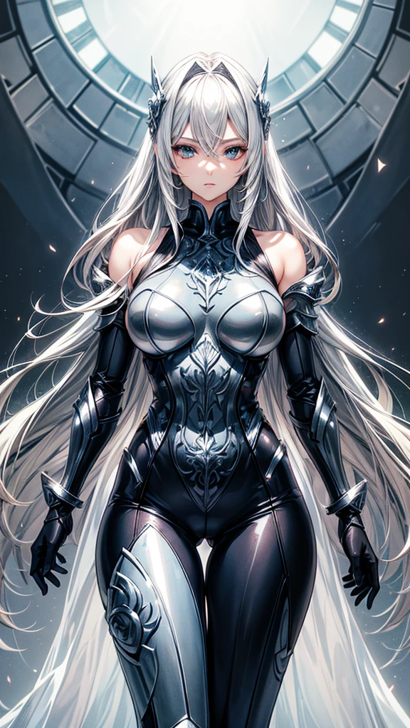 Create an image of a beautiful woman with light-colored hair, shown in a full-body view. She is wearing a metallic iron armor with a design that is highly detailed and somewhat sexualized, emphasizing her curves while still functioning as armor. The armor should have a sleek, form-fitting look with intricate engravings and reflective surfaces. Her hair flows elegantly around her shoulders, contrasting with the hard, polished metal. The overall aesthetic should blend fantasy elements with a realistic style, highlighting both her beauty and the strength of the armor