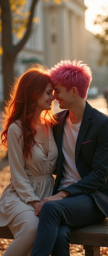 Redhead woman with her boyfriend with pink hair,sitting on a bench,looking at camera 