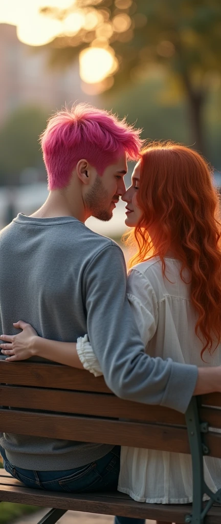 Redhead woman with her boyfriend with pink hair,sitting on a bench,looking at camera