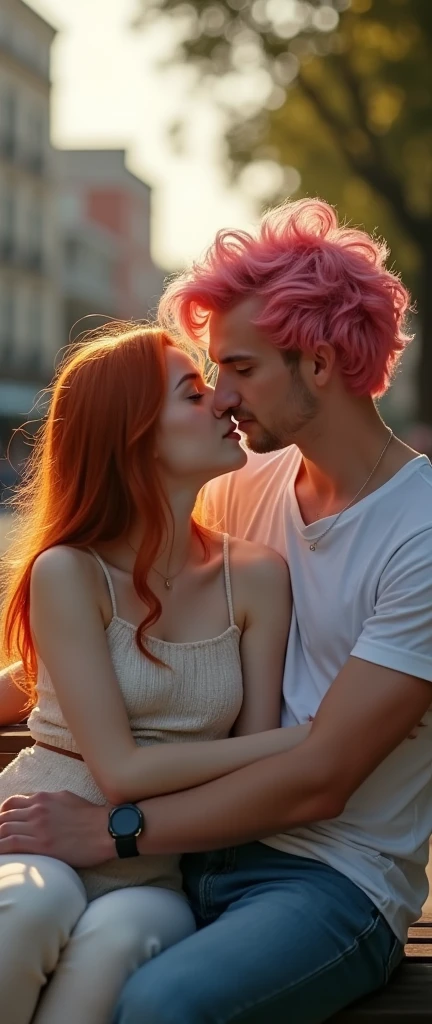 Redhead woman with her boyfriend with pink hair,sitting on a bench,looking at camera