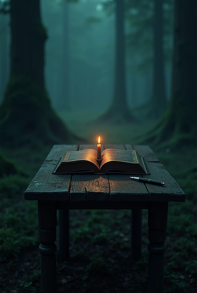 Black book, extended four-legged table, lit candle, pen lying down, dark forest landscape.