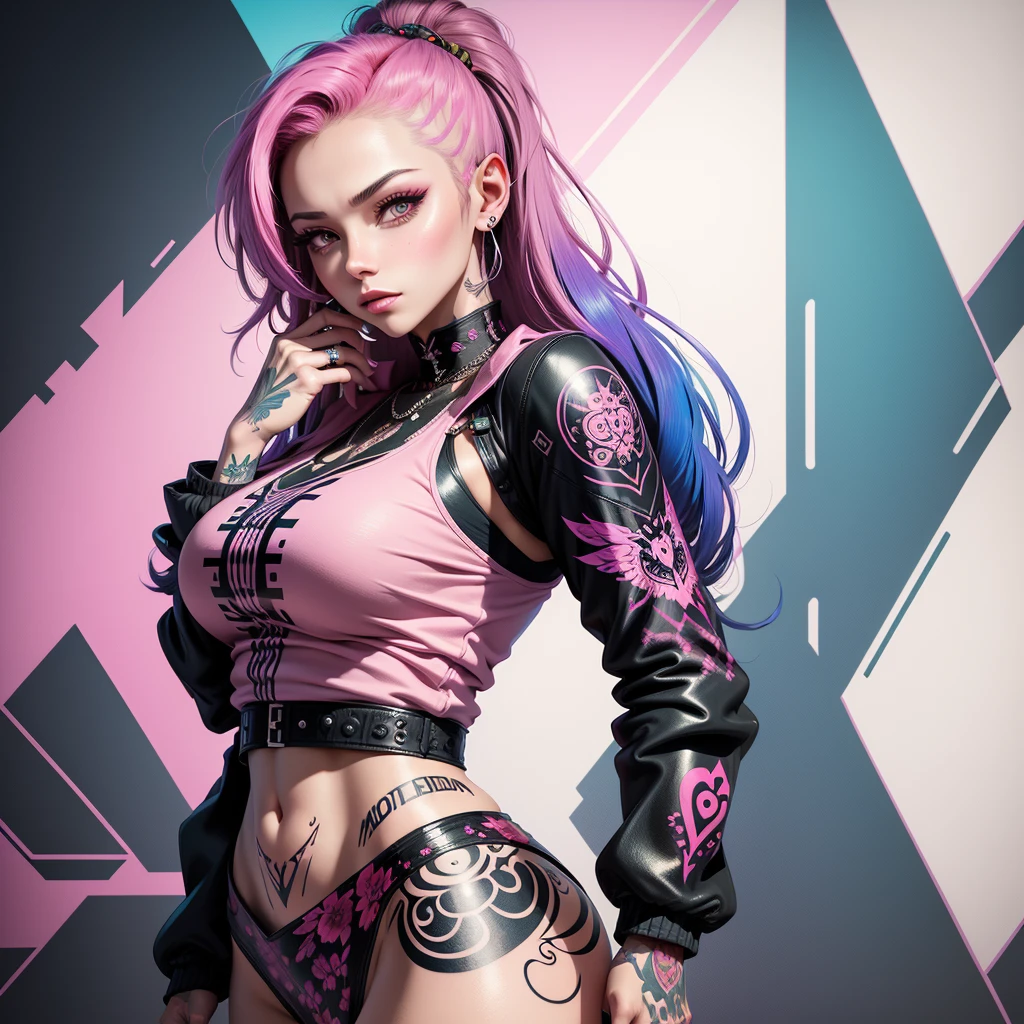 Back view of tattooed woman in pink blouse holding her hands to her face, Vector art by Easy Medrano, Tumblr, Street art, Tattoo pattern, beautiful drawing style, Colorful illustration, Beautiful artwork, Mohbar and Malone, Very high quality artwork., Cyberpunk pattern color, Stunning art style, pop punk art style, artgasm, Badass look