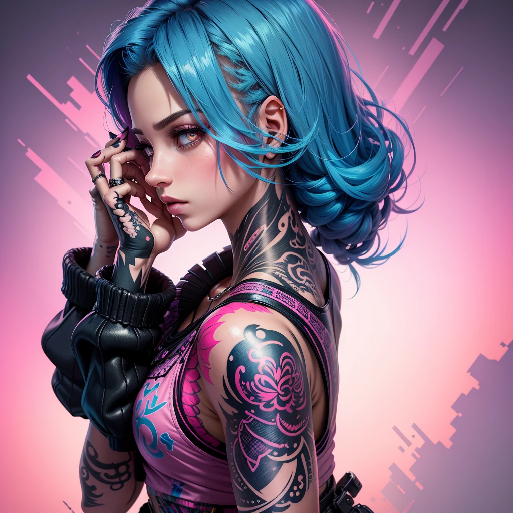 Back view of tattooed woman in pink blouse holding her hands to her face, Vector art by Easy Medrano, Tumblr, Street art, Tattoo pattern, beautiful drawing style, Colorful illustration, Beautiful artwork, Mohbar and Malone, Very high quality artwork., Cyberpunk pattern color, Stunning art style, pop punk art style, artgasm, Badass look