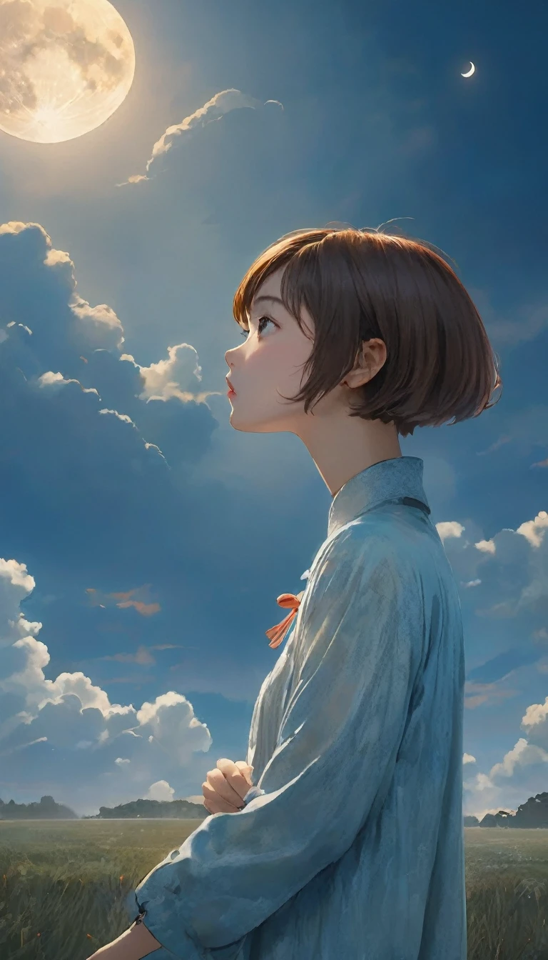 masterpiece、Highest quality、1.woman、20-year-old、((short hair))、Surrealism、Depression、Looking up at the sky、Cloudy、moon