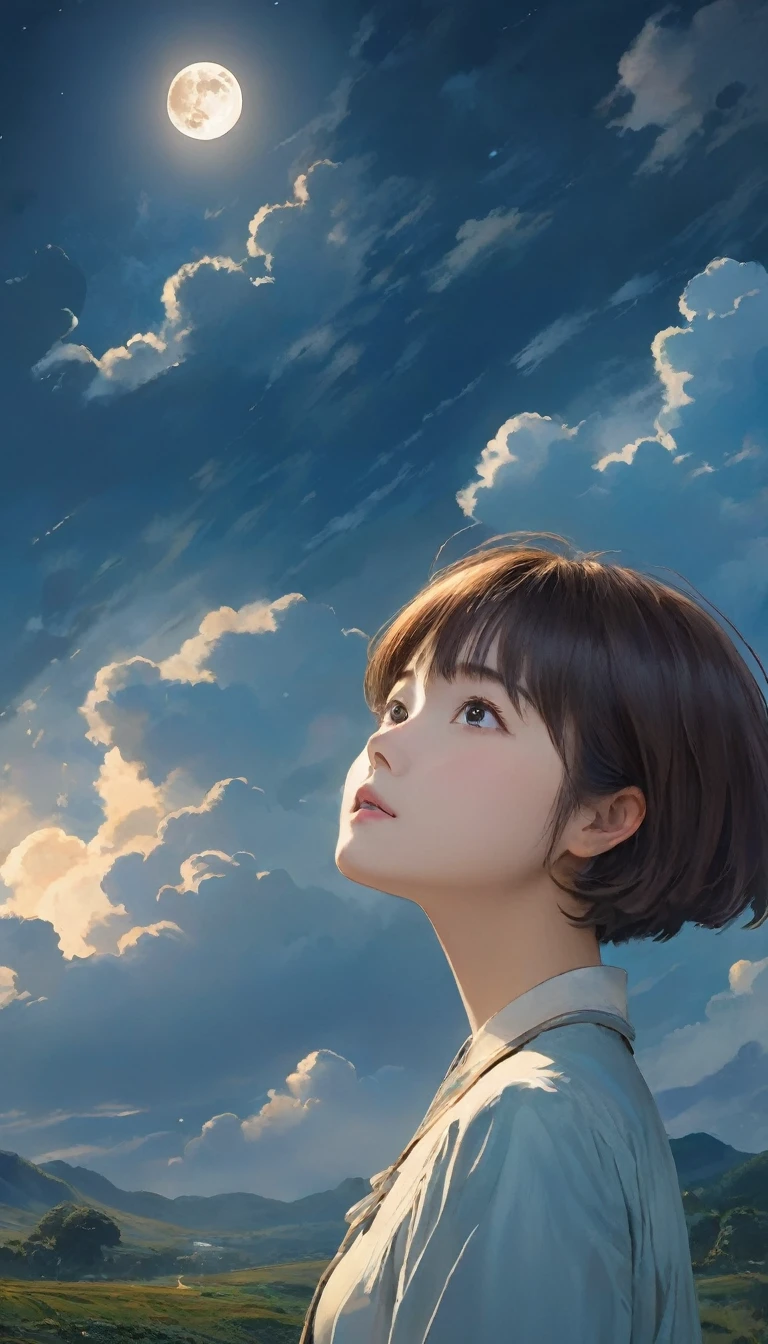 masterpiece、Highest quality、1.woman、20-year-old、((short hair))、Surrealism、Depression、Looking up at the sky、Cloudy、moon