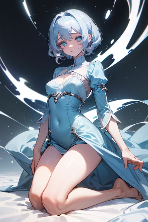 (Masterpiece: 1.5, Best Quality, High Resolution: 1.3, Super Resolution, Super Detailed, Ultra Detailed: 1.3, Perfect Anatomy:1.5, 1 female) pale skin + short white curly hair + delicate blue eyes + long eyelashes + feminine figure (fallen veil, modest large dress, no skin showing, kneeling) ((open eyes, shy expression, luminous eyes))