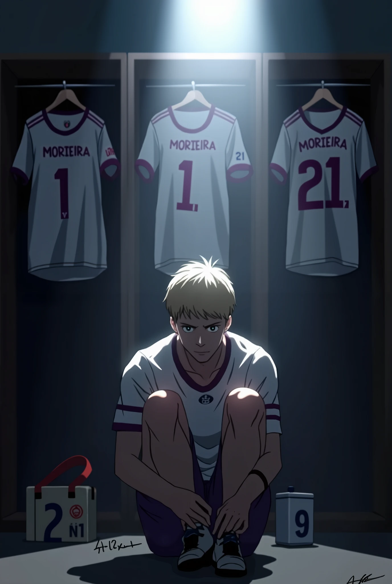 Make an image of ONE player tying his boots alone, with lights completely obscuring his face and him with short, light blonde hair, the locker room is dark and the spotlights are shining on him and the Galados City team, uniform in white and purple colors and I want you to put a shirt behind and on top of it with the number 21 and the name MOREIRA. Make your surroundings completely dark. LEAVE HIM WITH AS MUCH AURA AS POSSIBLE