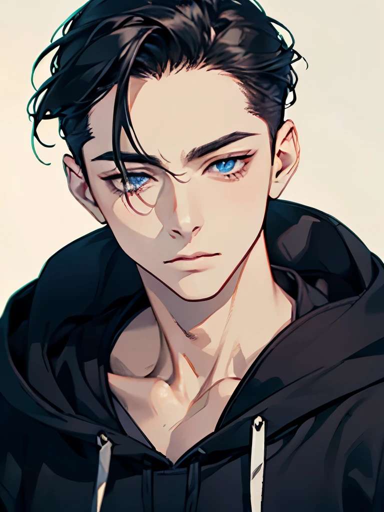  1 male mature, A man, simple, 32 years, eye contact, face close-up, asian eyes, pale skin, black hair, dark blue eyes, half closed eyes, small eyes, elegant, hair slicked back, hoodie. Office Background. CEO.