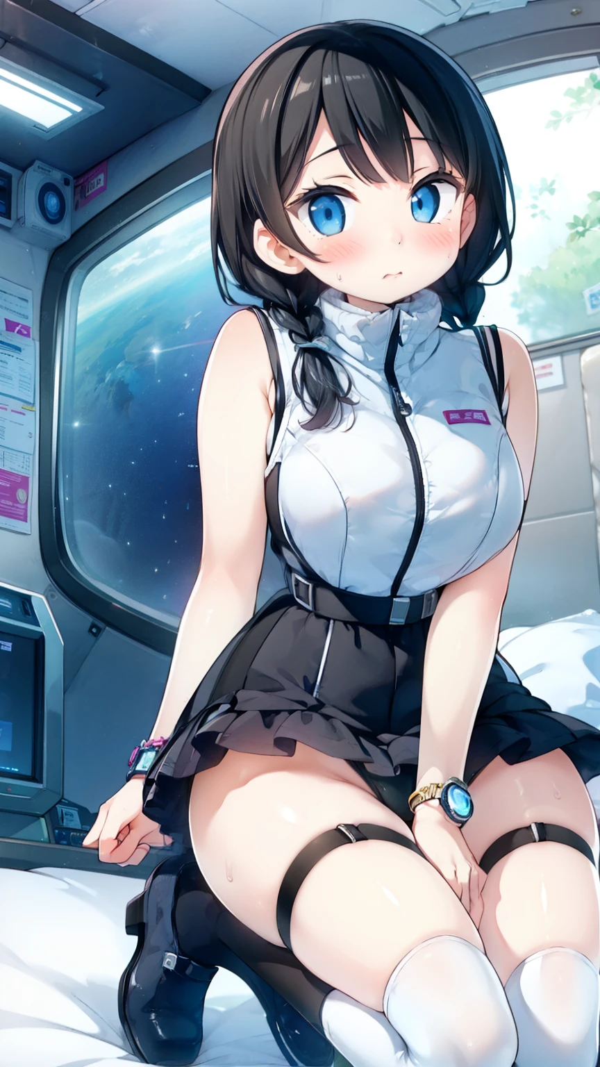 (Highest quality), (masterpiece), 1080P, High resolution, 4K, 8k, Inside the space station、Futuristic room、Thigh straps, Shooting from directly below, The woman on top of me, 白いSweat, Covered , Sweat, Woman looking down, Skirt swimsuit, Thigh-high socks, To achieve this, , , whole body, Black leather shoes, Braided hair, Inner Color, Embarrassed face, Short black hair, bracelet, Bedroom,celestial body_Vest
